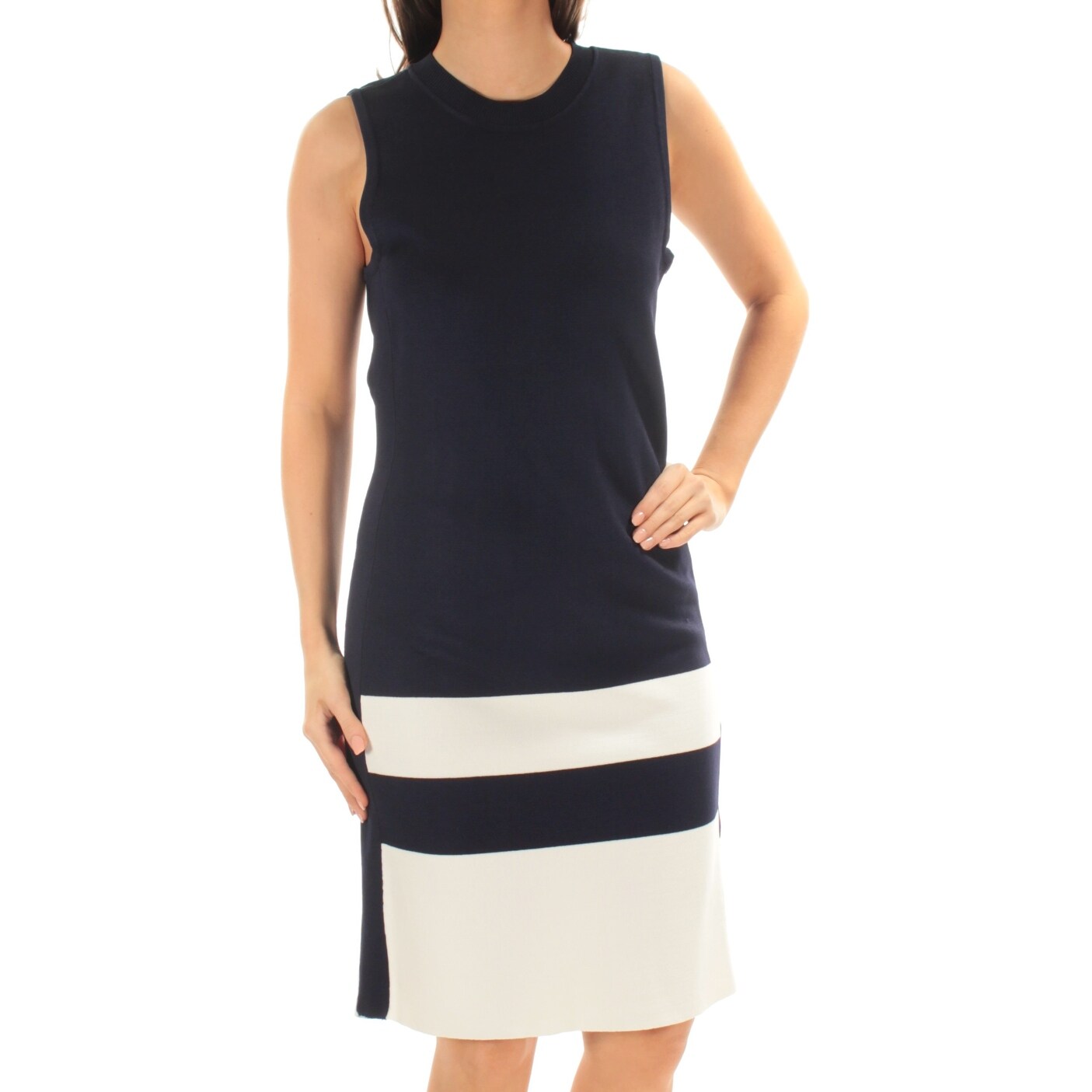 Shop Womens Navy White Sleeveless Knee Length Sheath Casual Dress