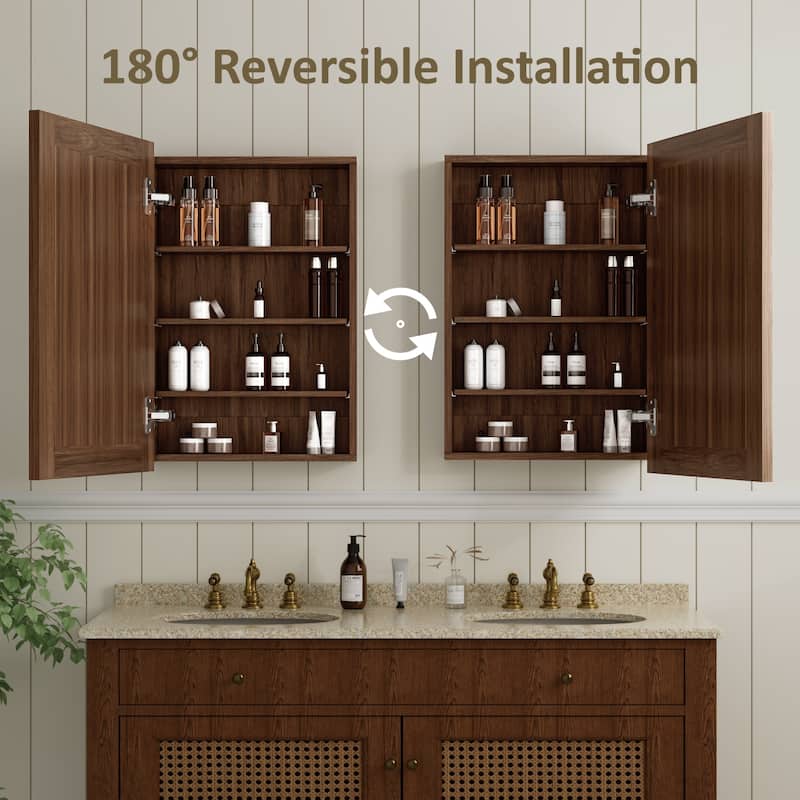 Wood Medicine Cabinet with Mirror, Adjustable Shelves, Walnut, Recessed/Wall Mount