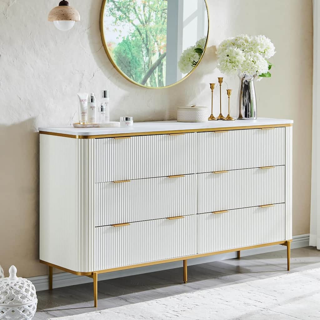 Modern Fluted 6 Drawers Dresser for Bedroom, 54" Dresser TV Stand