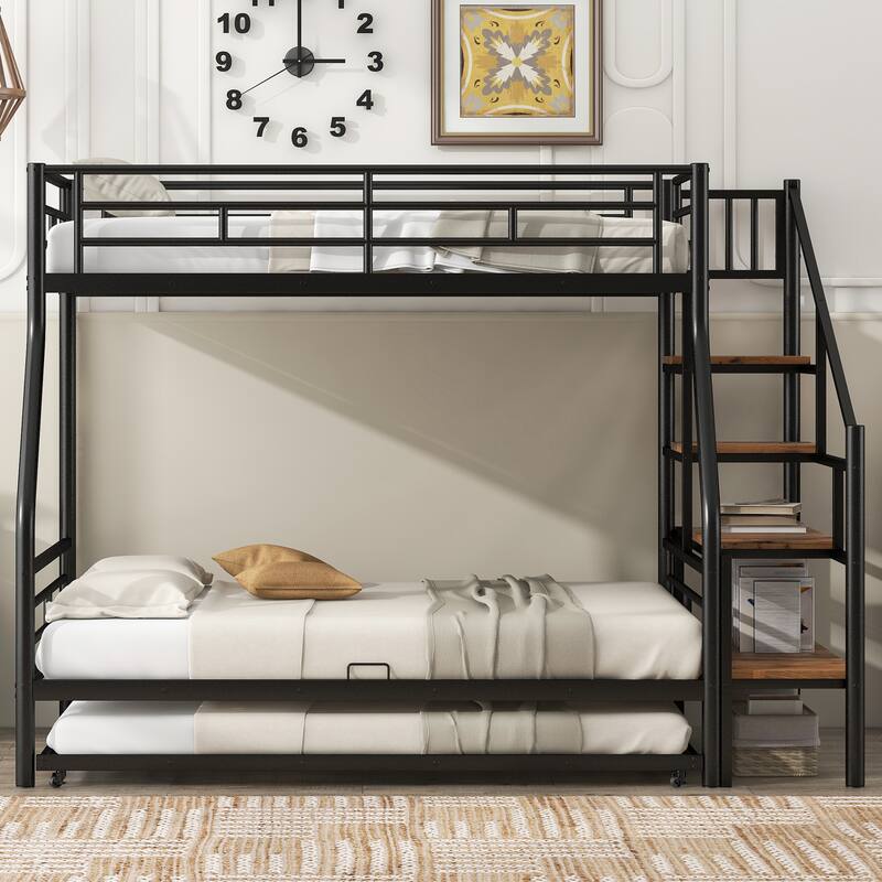 Twin over Full Metal Bunk Bed with Trundle, Storage Stairs, Black