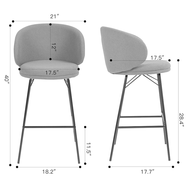 Set of 2 Baxter White Boucle Fabric Bar Stool with Black Iron Legs