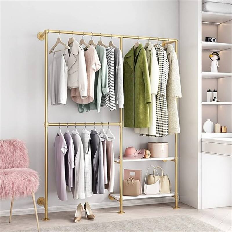 Gold Pipe Clothes Racks with White Shelves - 9.8"D x 63"W x 78.7"H