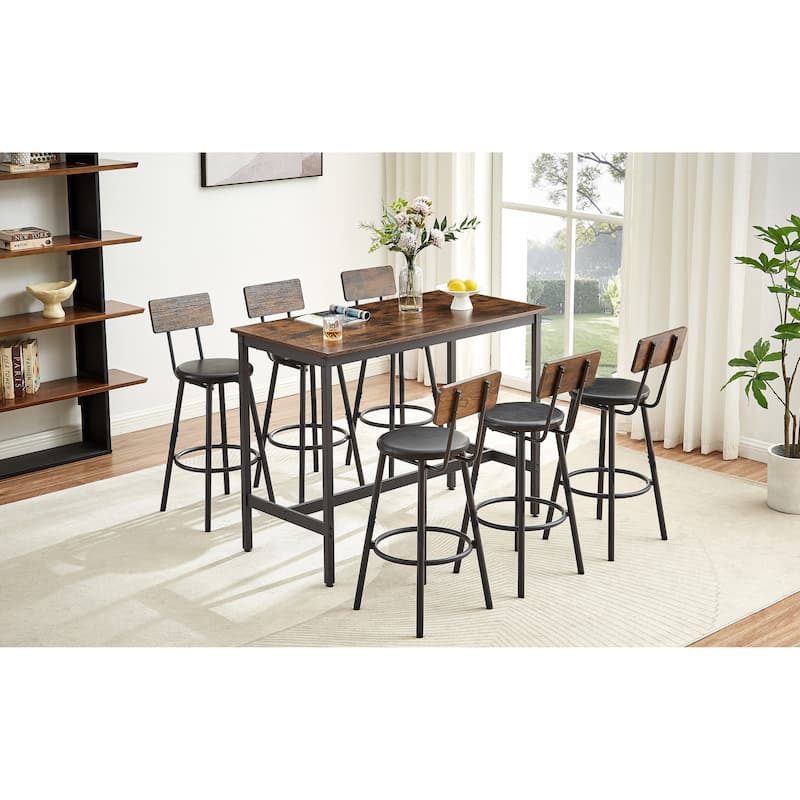 Bar Table and Chairs Set for 6, Dining Table 7 Piece Set, Pub Counter Height Table w/6 PU Leather Bar Chairs for Breakfast Nook
