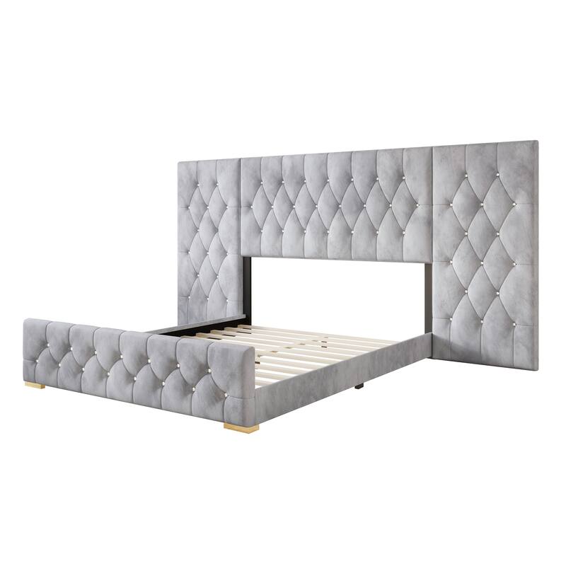 CraftPorch Luxurious Velvet Tufted Platform Bed with Wall Panels - Silver Grey - Queen