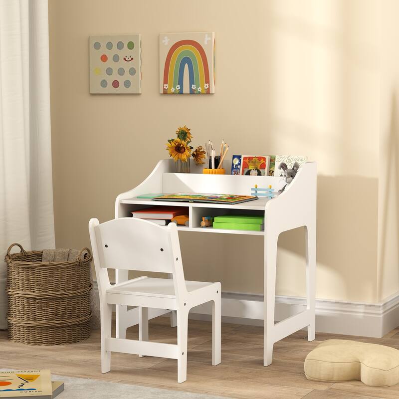 Qaba Kids Desk and Chair Set, Children Study Table with Storage and Shelves, Student Writing Desk, Natural Wood