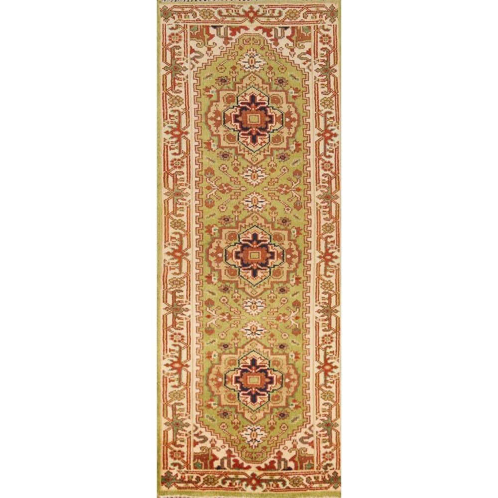 Light Green Heriz Serapi Indian Runner Rug Hand-Knotted Wool Carpet - 2'6" x 8'0"