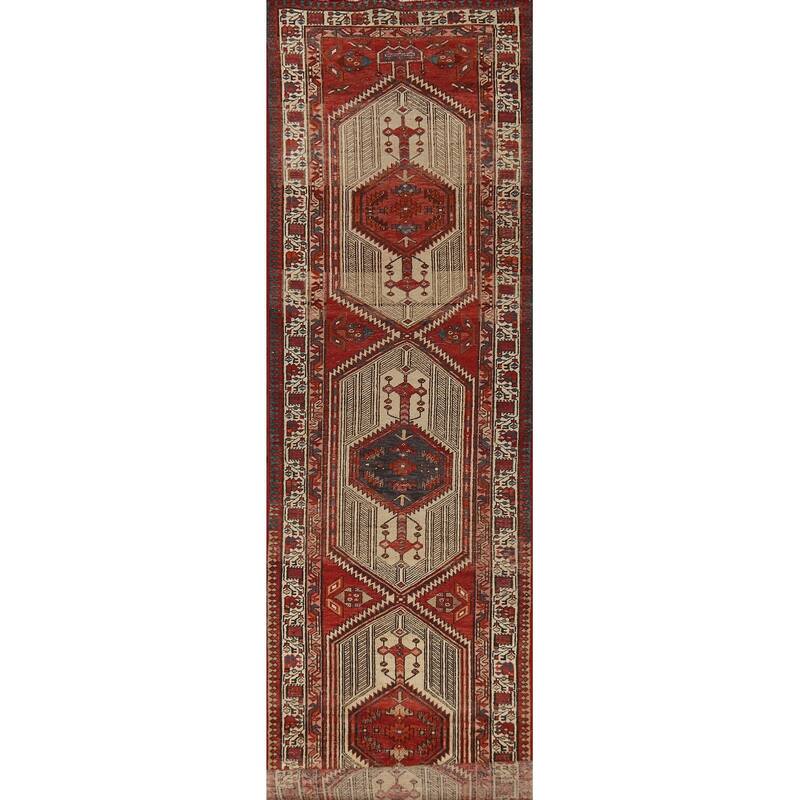 Hand Knotted Oriental 100% Wool Carpet Traditional Geometric Red Ardebil Runner Rug - 14' 8'' X 3' 3''