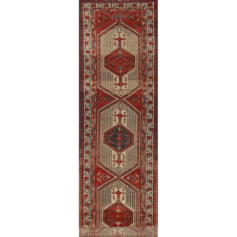 Hand Knotted Oriental 100% Wool Carpet Traditional Geometric Red Ardebil Runner Rug - 14' 8'' X 3' 3''