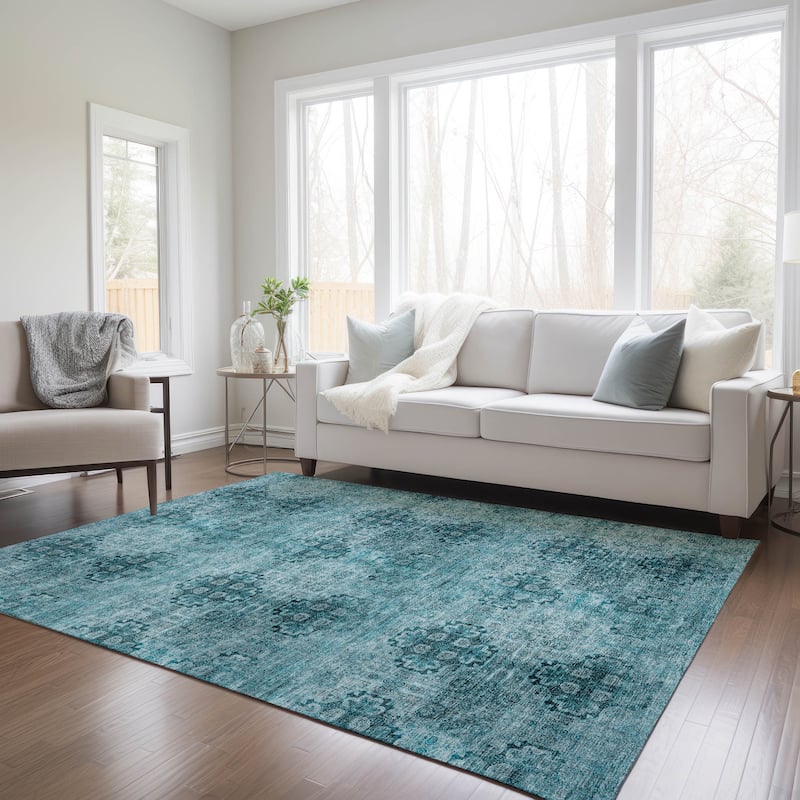 Machine Washable Indoor/ Outdoor Vintage Medallions Chantille Rug - Teal - 3' x 5'
