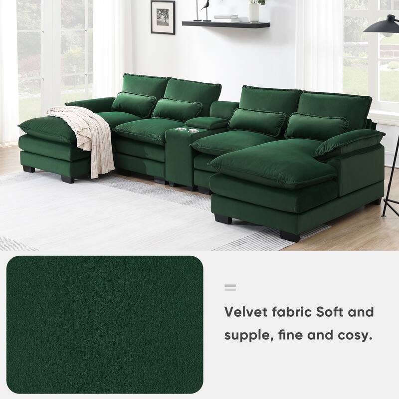 6-Seat U-Shaped Sofa with Console, Cupholders & USB Ports, Chenille Upholstery, 123"