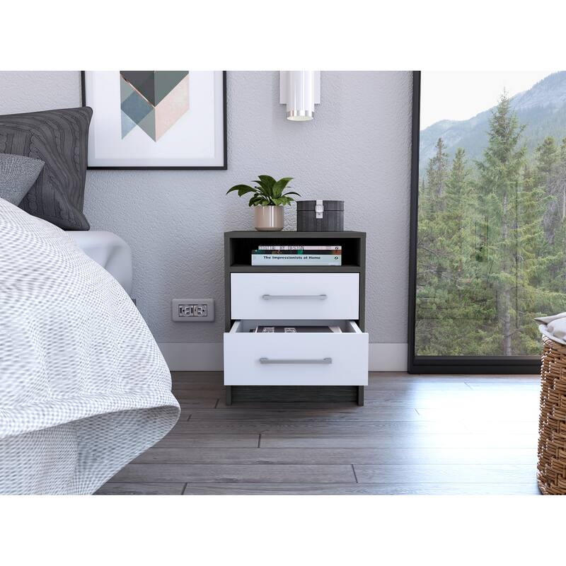 Smokey Oak and White Rectangle Nightstand with Two Drawers and Shelf
