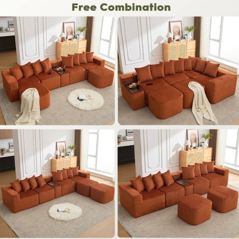 137.5" U-Shaped Modular Sofa with USB & Wireless Charging, Coffee Table Board, Cup Holders, Movable Footstool, Corduroy