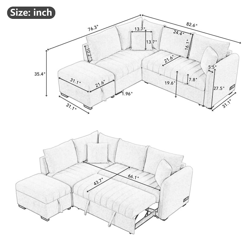 82.6" L-shaped Sectional Pull Out Sofa Bed Sleeper Sofa with Two USB Ports, Two Power Sockets and a Movable Storage Ottoman, Bei