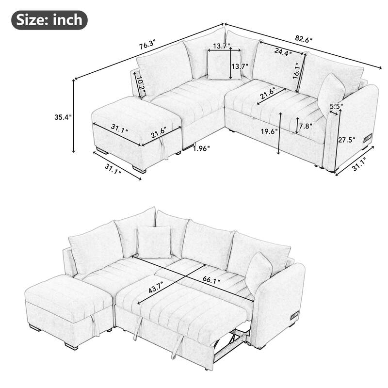 82.6" Polyester L-Shaped Sleeper Sofa Bed with USB & Storage
