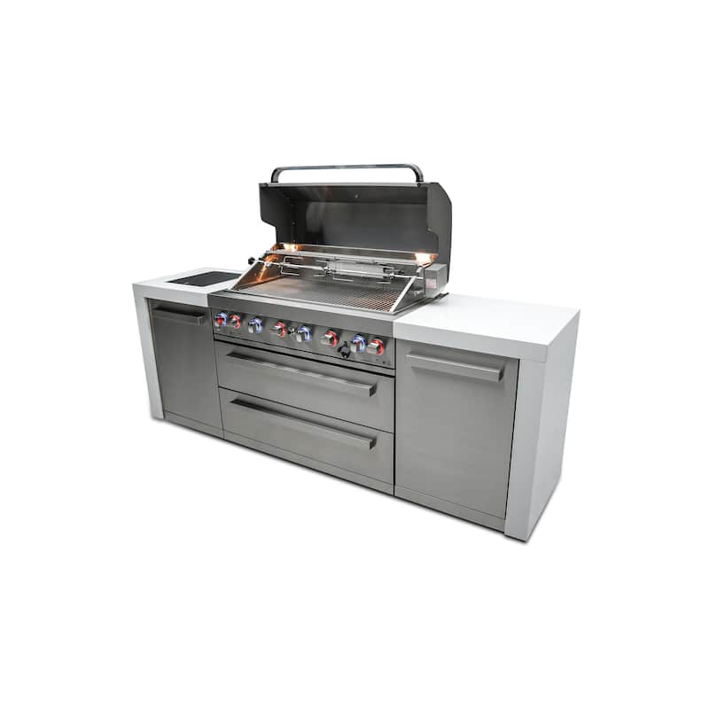 Mont Alpi Premium 94"W x 23"D Deluxe Stainless Steel Modular Outdoor Kitchen Island with Side Burner + 44"W 6-Burner BBQ Grill