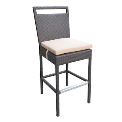29 Inches Padded Wicker Woven Outdoor Barstool, Beige