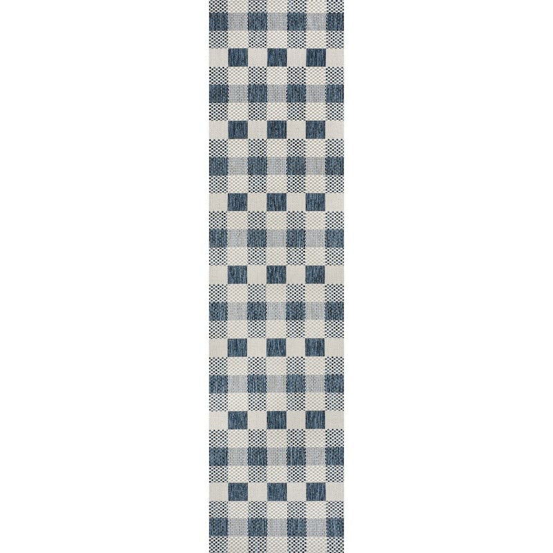 JONATHAN Y Biot Traditional Geometric Bold Gingham Black/Cream Indoor/Outdoor Area Rug - 2 X 8 - Navy/Cream