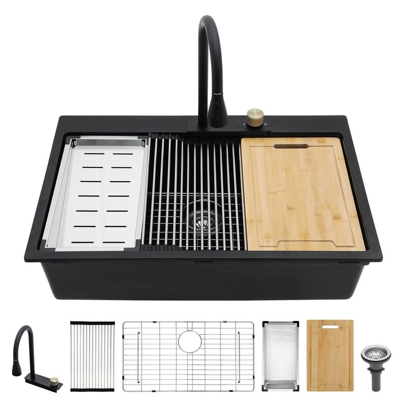 33" Drop-In Single Bowl Quartz Kitchen Sink with Pull-Out Faucet - 33'' x 22'' x 10''