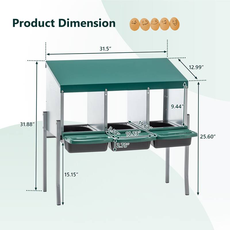 3-Hole Chicken Nesting Box with Legs - Outdoor Coop Laying Box with Lid Cover, Green