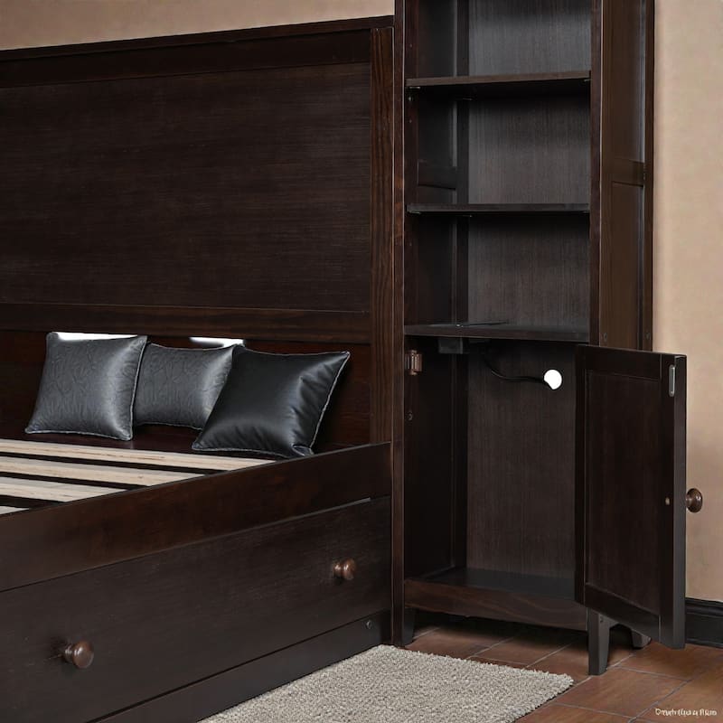 Queen Size Wooden Platform Bed with Storage Drawers, Shelves and Built-In Outlets, All-in-One Headboard Bed