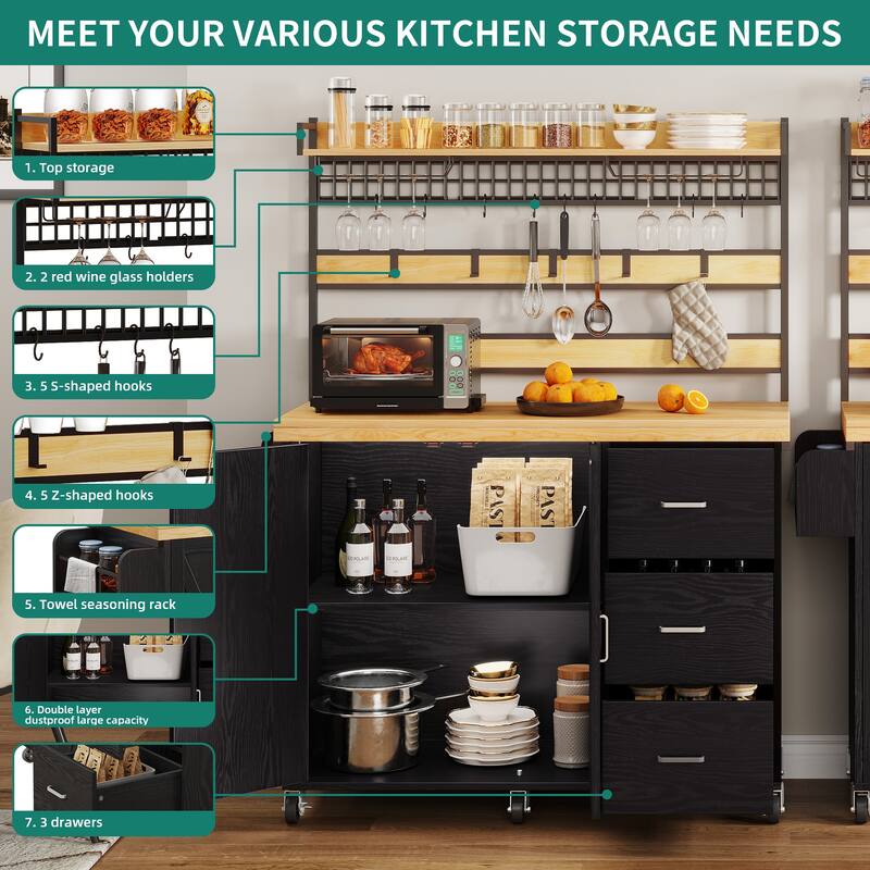 Moasis Rolling Kitchen Island Storage Shelf Mesh Panel with 3-Drawer Hooks Spice Rack Glass Holder