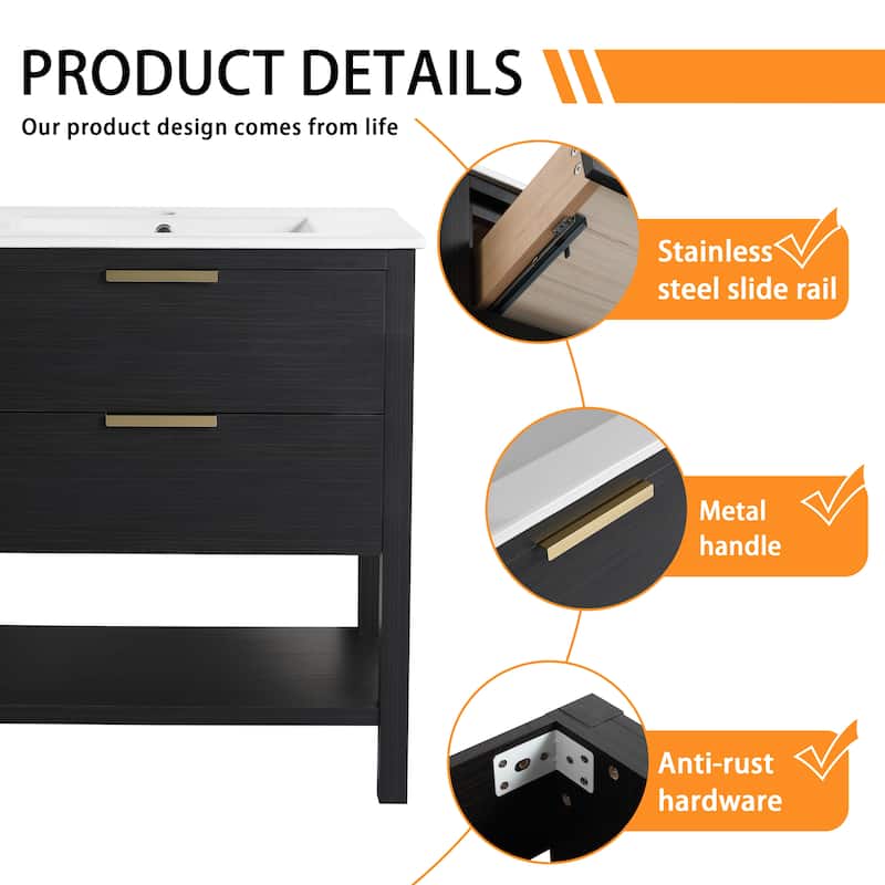 Bathroom Vanity With Sink In 30 Inch, Freestanding Bathroom Vanity With 2 Soft Close Drawers