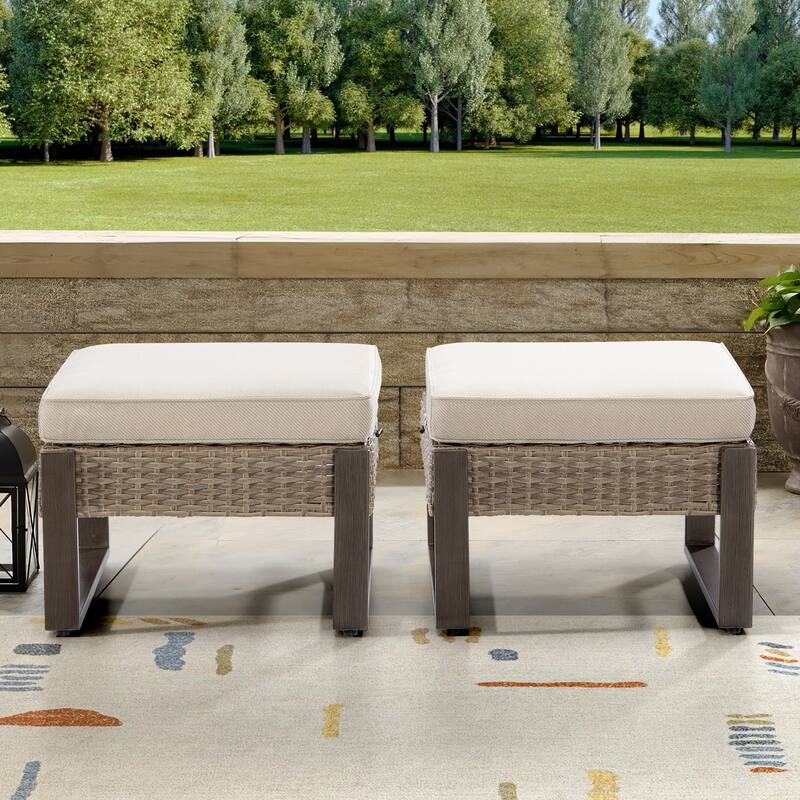 Cozywor 2-Piece Wicker Outdoor Patio Ottoman with Steel Frame and Cushions