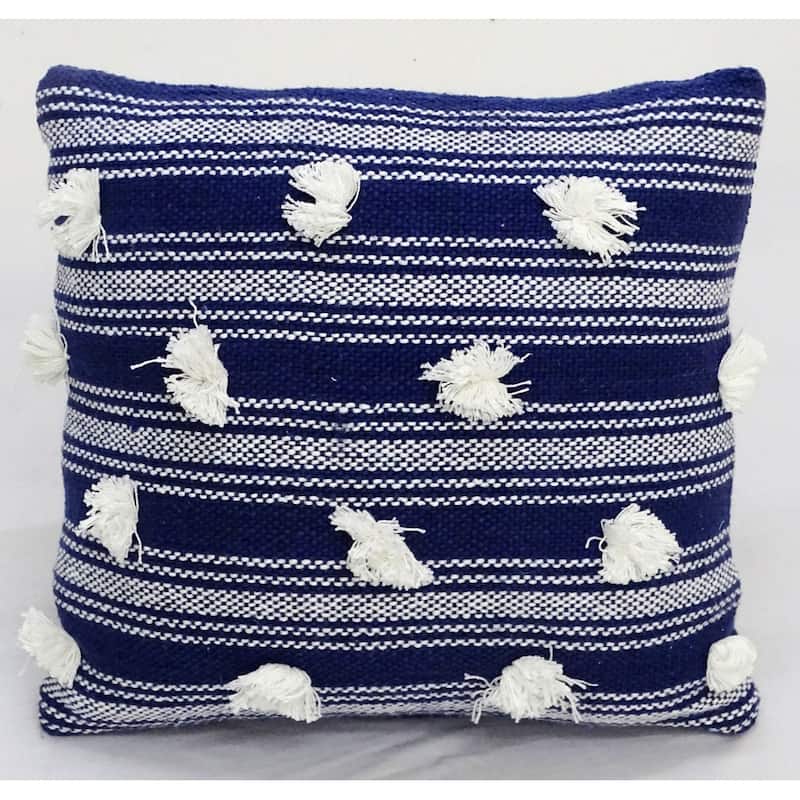 20" X 20" Navy and White Striped Textural Throw Pillow With Pom Poms