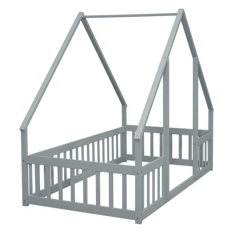 Twin Size Wood House Floor Bed with Fence and Guardrails