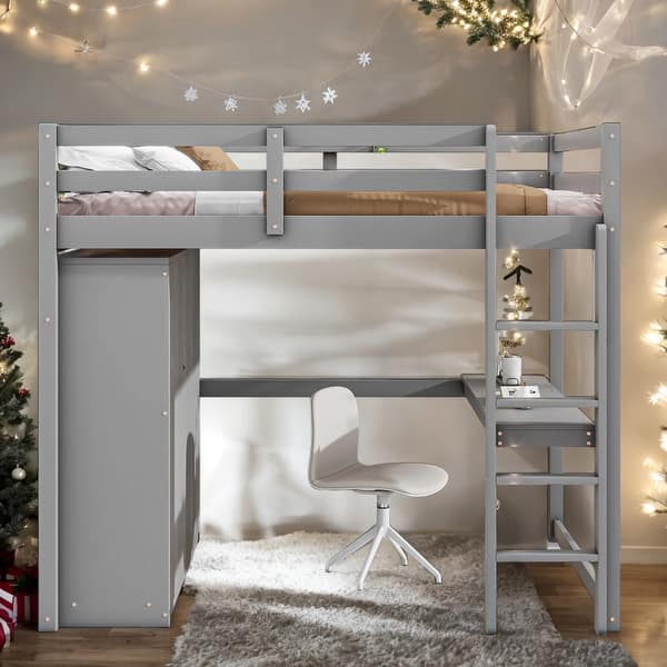 slide 2 of 12, Wood Full Size Loft Bed with Wardrobe, Desk, Shelves & Drawers, Space-Saving Loft Bed for Kids, Teens, and Adults Grey