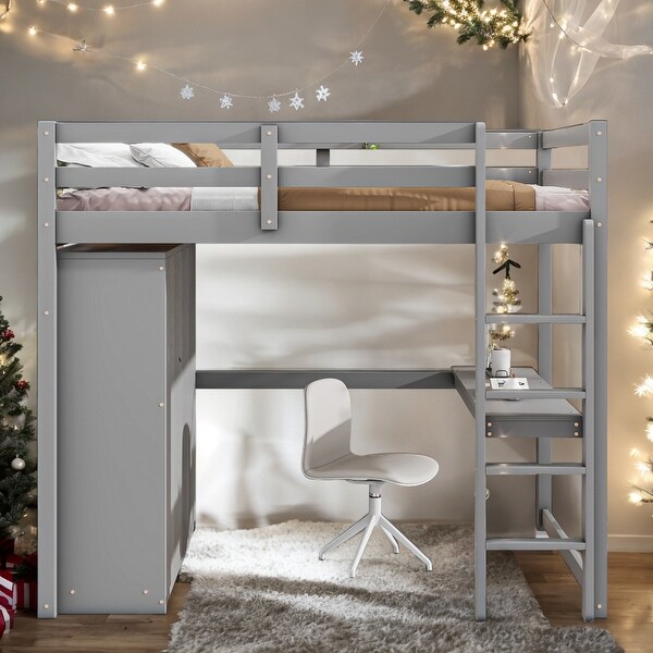 Wood Full Size Loft Bed with Wardrobe Desk Shelves Drawers Space Saving Loft Bed for Kids Teens and Adults Grey