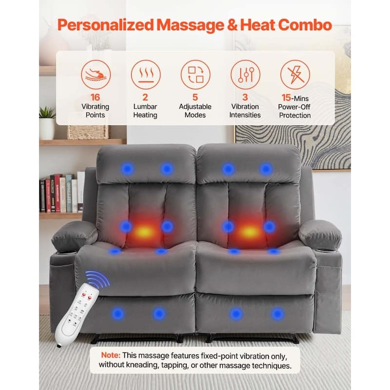 Grey Velvet Electric Recliner Loveseat with Massage, Heating and USB Ports - 61 x 35.55 x 42.13 in