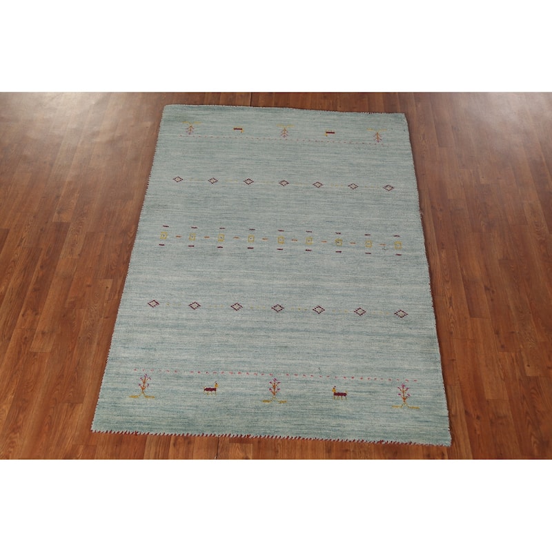 Blue Gabbeh Oriental Area Rug Handmade Wool Carpet - 4'2"x 5'10"