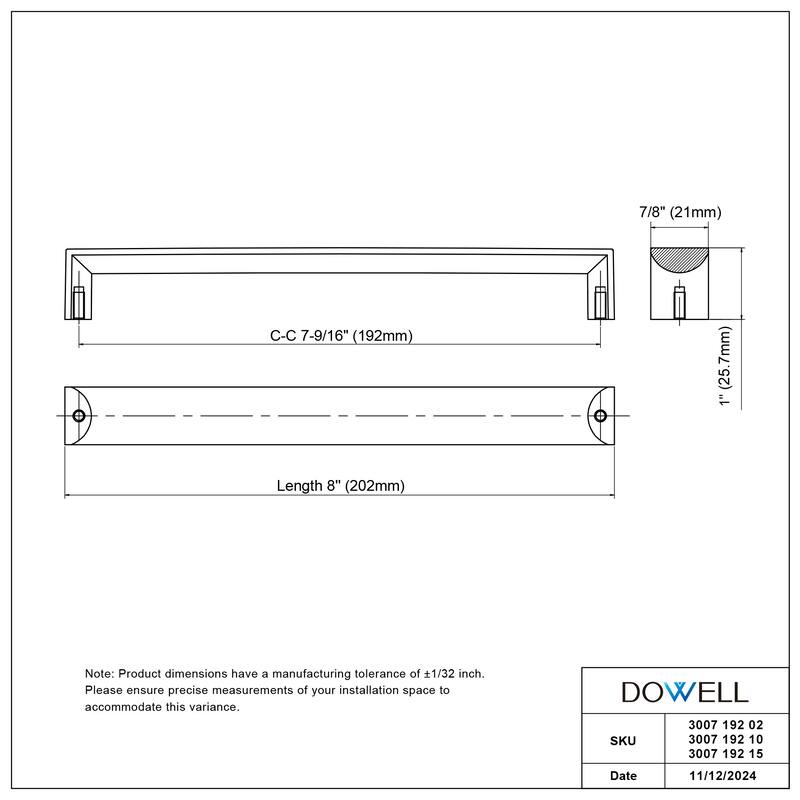 Dowell Series 3007 Handles (192mm/7.6" CTC), Brushed Nickel, 10 Pack - 7.6" - 192mm