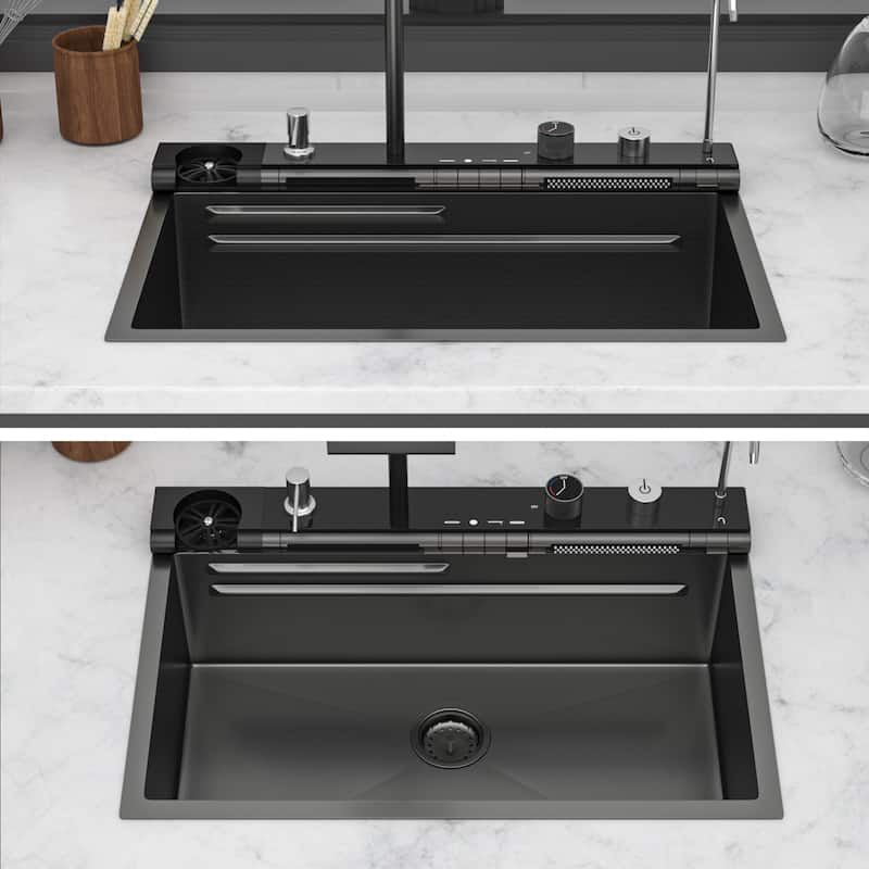 30" Drop-In 16 Gauge Single Bowl Stainless Steel Smart Digital Kitchen Sink with Faucet in Gunmetal Black - 30'' x 19'' x 9'' - Gunmetal Black - 30'' x 19'' x 9''