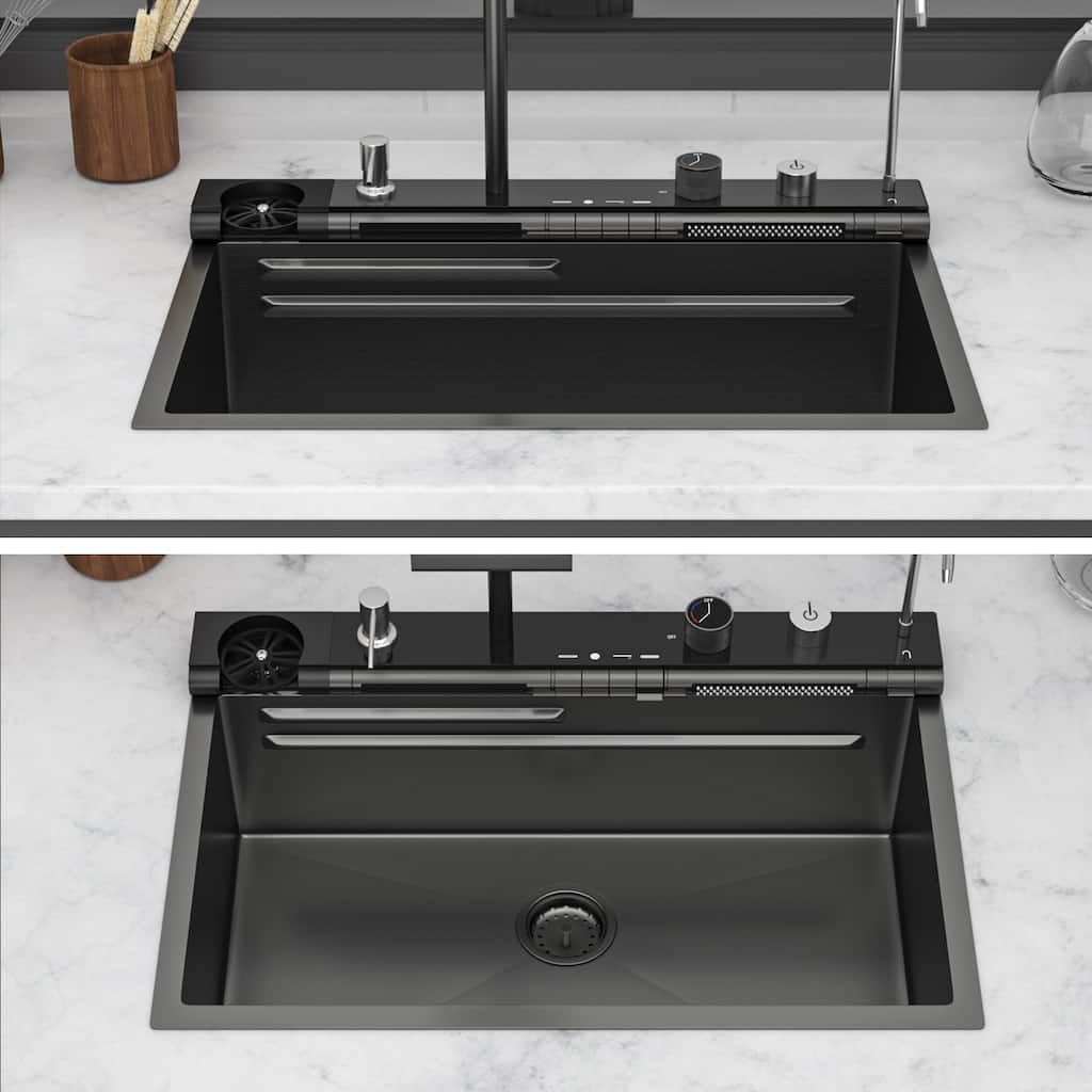 30" Drop-In 16 Gauge Single Bowl Stainless Steel Smart Digital Kitchen Sink with Faucet in Gunmetal Black - 30'' x 19'' x 9''