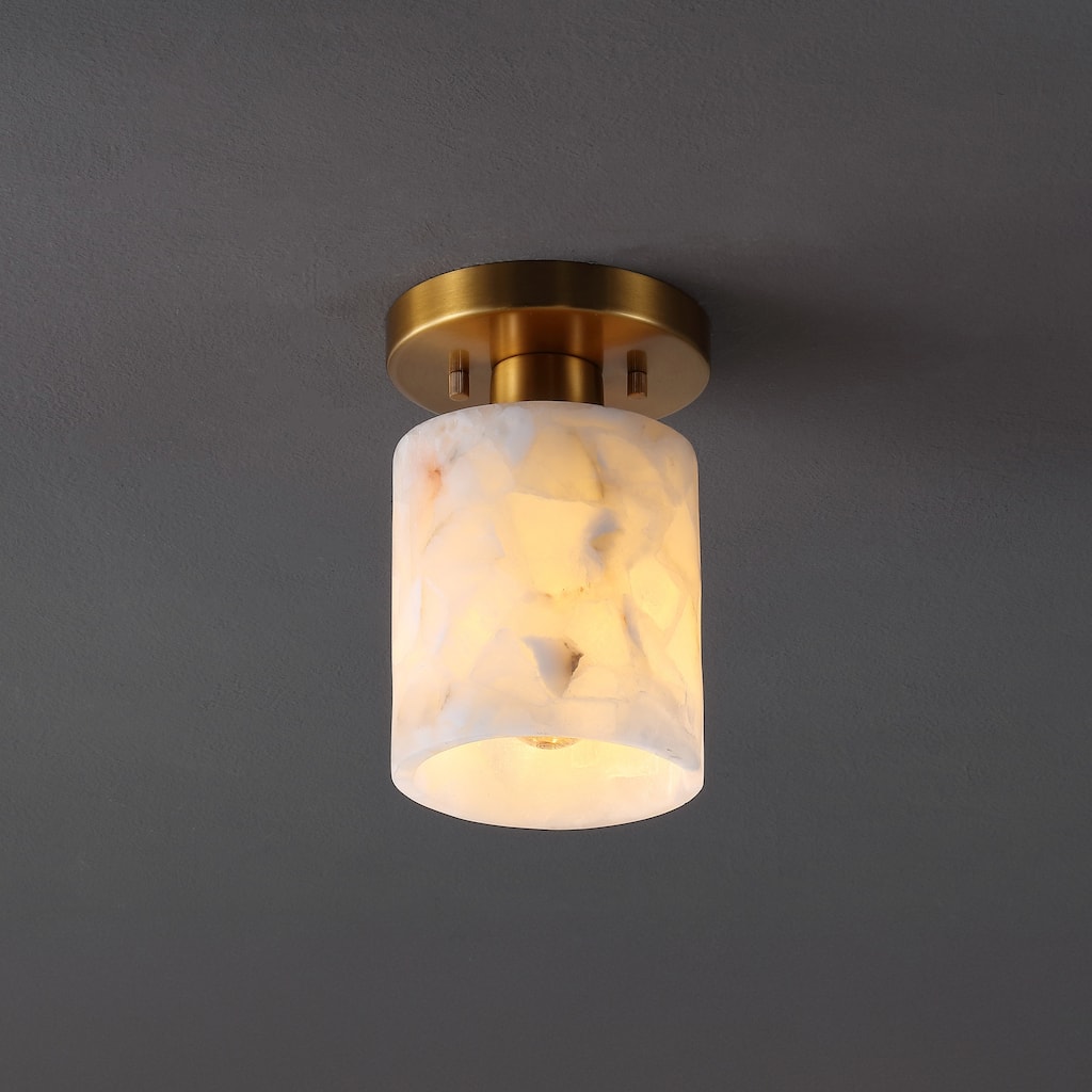 Hadley 5.13" 1-Light Modern Contemporary Alabaster/Iron Cylinder LED Semi Flush Mount, White Marbling/Brass Gold by JONATHAN Y