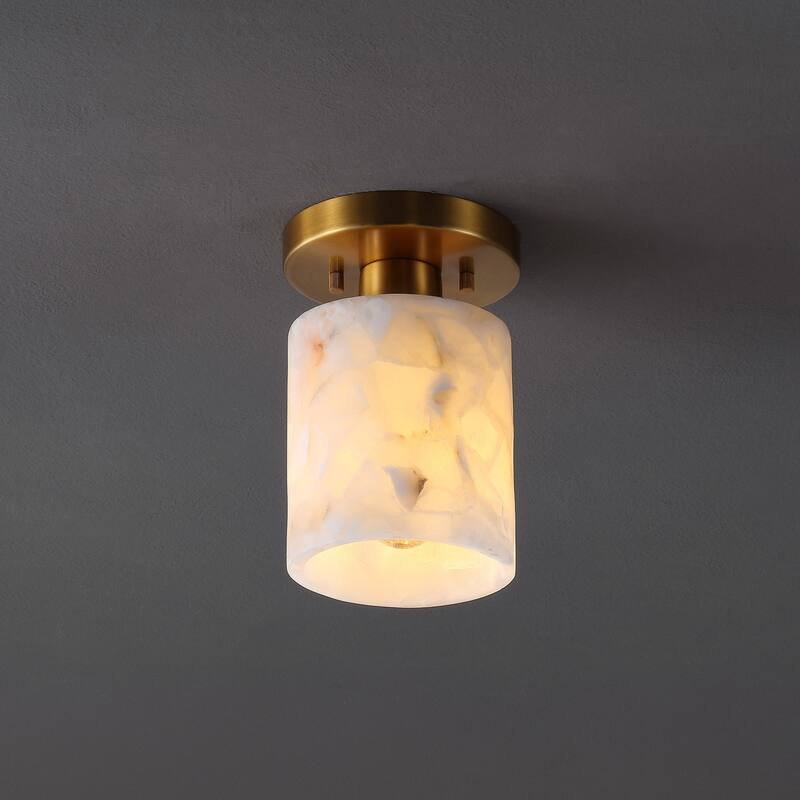 Hadley 5.13" 1-Light Modern Contemporary Alabaster/Iron Cylinder LED Semi Flush Mount, White Marbling/Brass Gold by JONATHAN Y