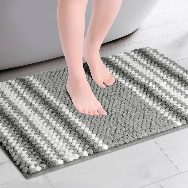 Striped Bathroom Rugs, Extra Soft and Absorbent Fluffy Chenille Bath Mat Rug, Non Slip Bathroom Floor Mat - Grey