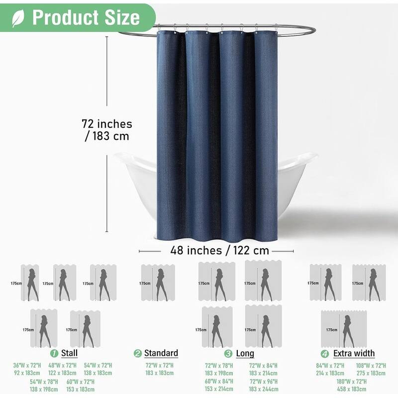 Waffle Textured Heavy Duty Thick Fabric Shower Curtain, Luxury Weighted Polyester Fabric Shower Curtain Set