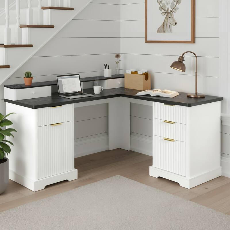 59" Modern Fluted L-Shaped Desk with Charging Station & Storage Cabinet Home Office Computer Desk with Monitor Stand - White