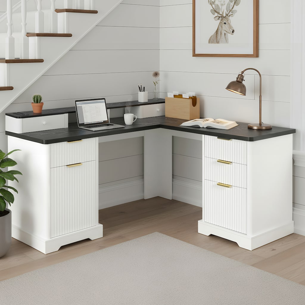 Executive L Shaped Desk Home Office Desk with Charging Station, Corner Computer Desk with Monitor Stand, Drawer, Storage Cabinet