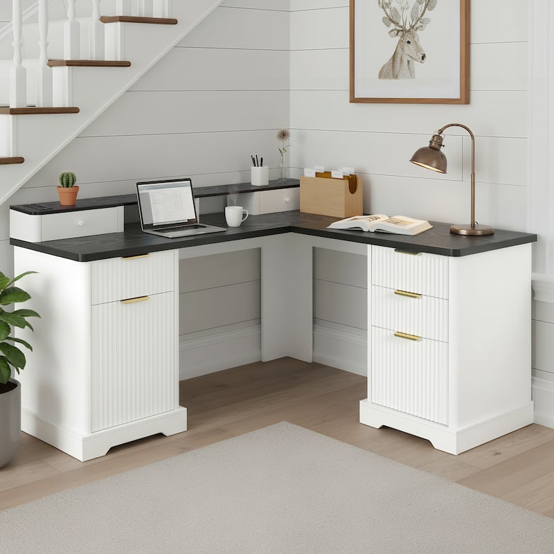 Roomfitters 59" Modern Fluted L-Shaped Desk with Charging Station, Monitor Stand & File Drawer - White