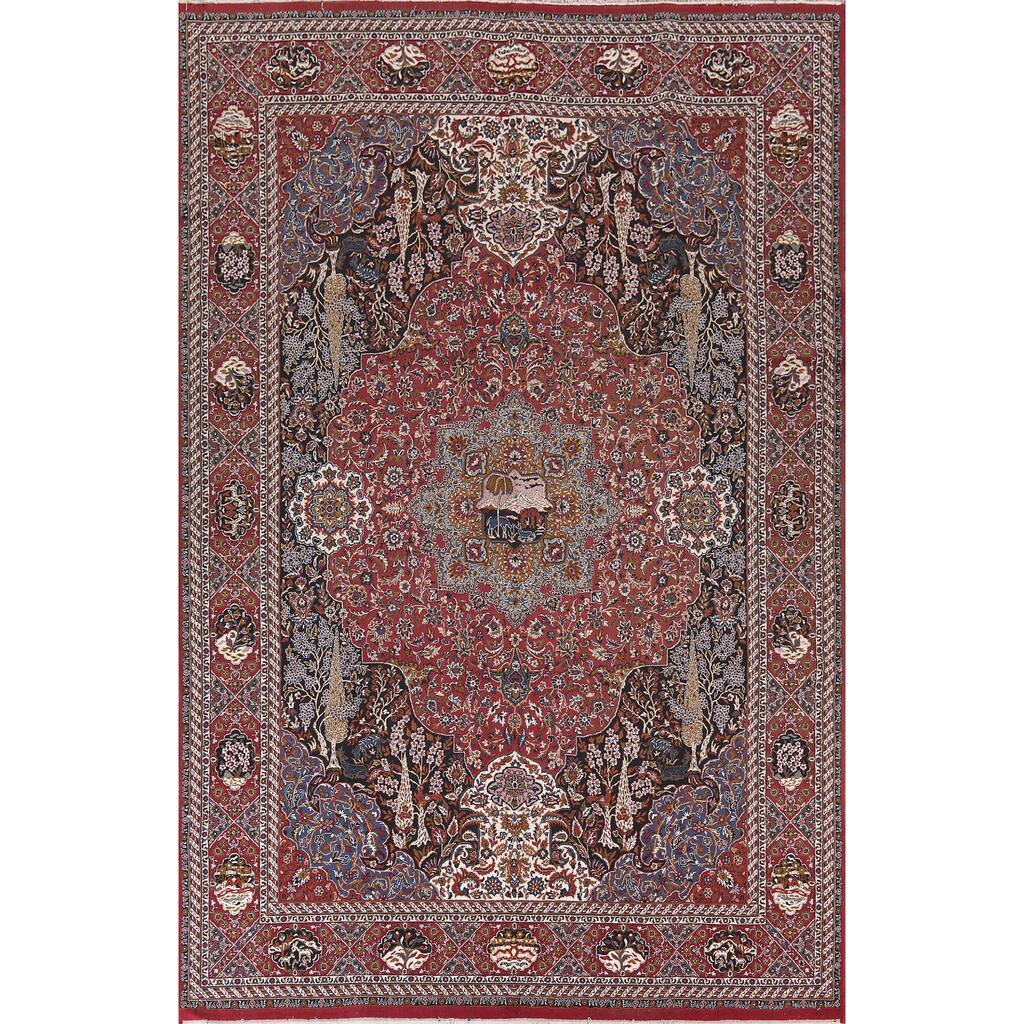 Animals Pictorial Red Kashan Large Turkish Rug Machine Made Carpet - 9'8" x 13'6"