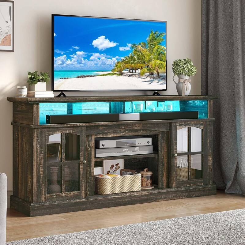 Moasis Farmhouse LED Lights TV Stand with Glass Doors, Entertainment Center w/Shelves for Living Room for TVs up to 65" - Rustic Oak