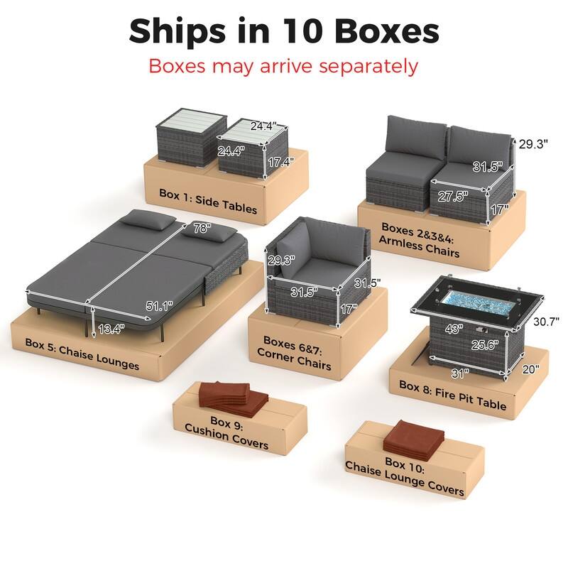 Outdoor Sectional Conversation Set PE Wicker with Double Chaise Lounge, 60,000 BTU Fire Pit Table