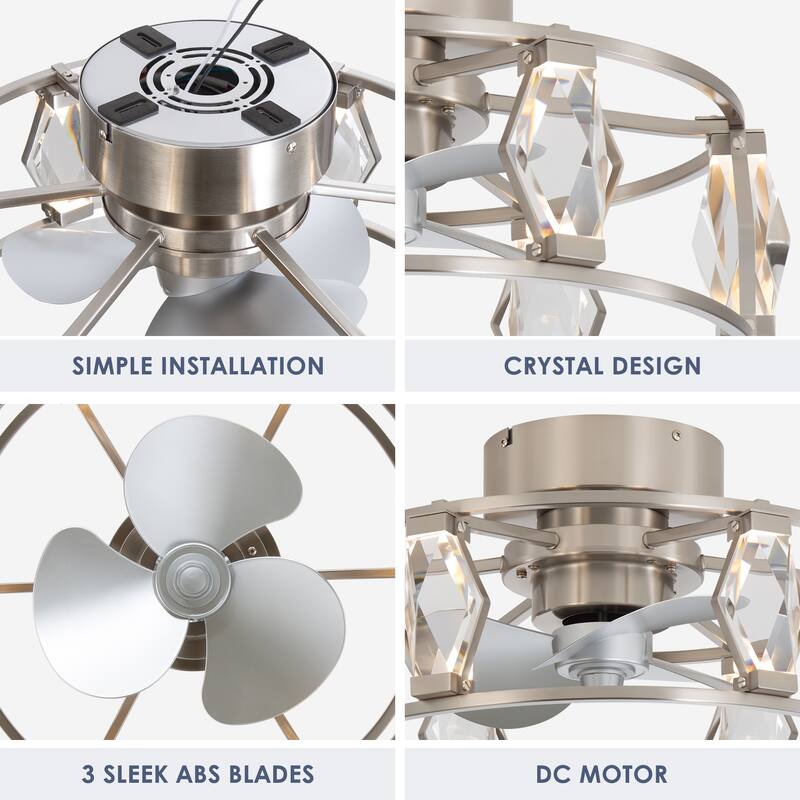 20.8" Flush Mount Crystal Ceiling Fan with Dimmable LED Light and Remote