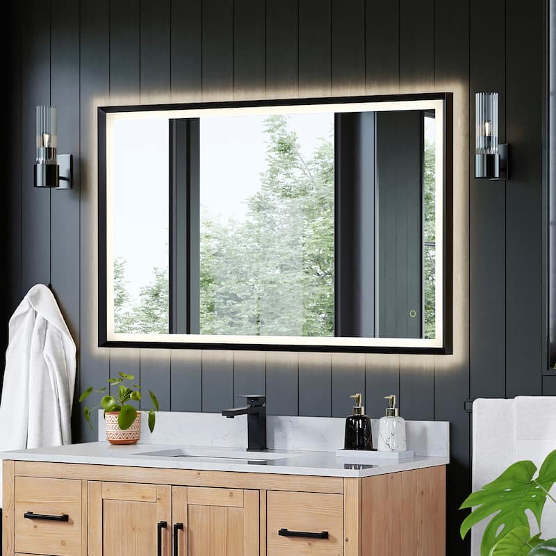 Apollo Rectangular Anti-Fog Dimmable Modern Bathroom/Vanity LED Lighted Wall Mirror in Matte Black Aluminum Framed