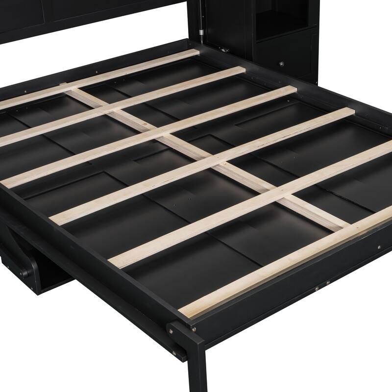 Queen Size Murphy Platform Bed with Shelf, Side Cabinets, Drawers, and LED Lights French Style