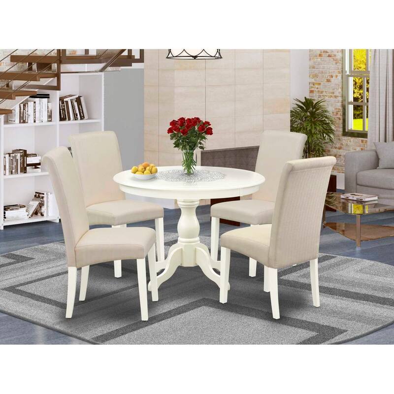 HomeStock 5-Piece Round Linen White Finish Solid Wood Top Dining table with 4 Chairs